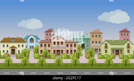 Vector urban landscape. Set of town houses along city street, sidewalks, summer or spring, trees and bushes in blossom. Seamless background for cartoo Stock Vector