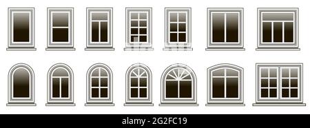 Set of modern windows frames to design or remodel  house exterior or interior. Isolated windows on white background. Flat design style. Vector illustr Stock Vector