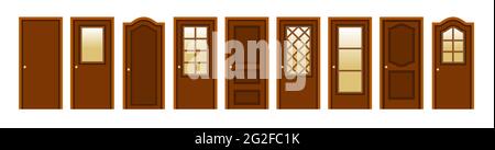 Set of modern wooden doors to design home interior or house remodeling. Isolated doors on white background, front view. Flat design style. Vector illu Stock Vector
