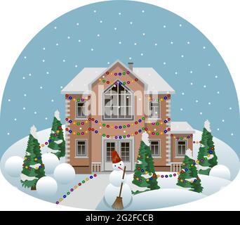Family manor house in cartoon winter landscape scene decorated for Christmas or New Year. House and trees in snow, sidewalk, funny snowman, snowfall. Stock Vector