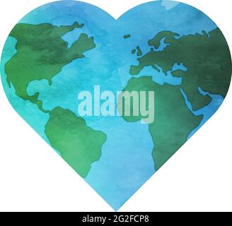 pastel drawing of heart shaped world map, save the planet or sustainable lifestyle label, vector illustration Stock Vector