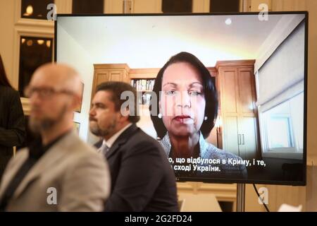 KYIV, UKRAINE - JUNE 11, 2021 - Former US Secretary of State (in office 2005-2009) Condoleezza Rice is seen in the video at the 9th Kyiv Youth Securit Stock Photo