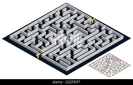 3d Maze, isometric view. Labyrinth puzzle or escape game design with solution. Vector illustration Stock Vector