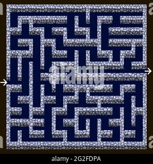 Maze game design element. Labyrinth with stone walls in dungeon, top down view. For children puzzle game asset, easy level, rectangular shape. Vector Stock Vector