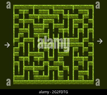 Maze 3d for puzzle game asset , labyrinth with green garden topiary bushes and park . Top down view, game level design. Vector illustration Stock Vector