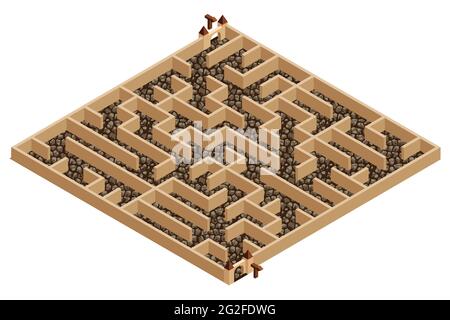 3d Maze, isometric labyrinth. Town or castle maze with walls and gates. Vector illustration for puzzle or escape game level design asset. Stock Vector