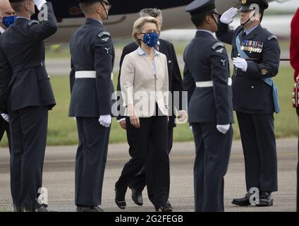 Newquay, UK. 11th June, 2021. President of the European Commission, Ursula von der Leyen, arrives at Cornwall Airport Newquay on June 11, 2021, ahead of the G7 summit in Cornwall, United Kingdom. Photo by Doug Peters/G7 Cornwall 2021/UPI Credit: UPI/Alamy Live News