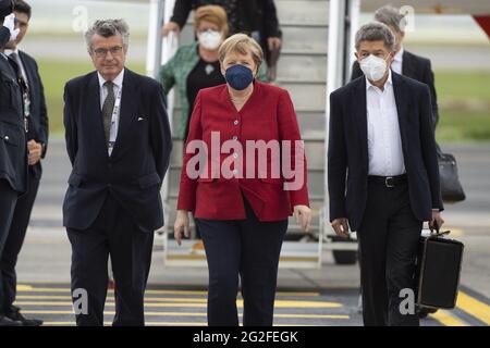 Newquay, UK. 11th June, 2021. Chancellor of Germany Angela Merkel and her husband, Joachim Sauer, arrive at Cornwall Airport Newquay on June 11, 2021, ahead of the G7 summit in Cornwall. Photo by Doug Peters/G7 Cornwall 2021/UPI Credit: UPI/Alamy Live News