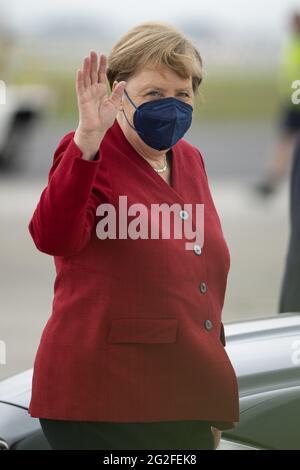 Newquay, UK. 11th June, 2021. Chancellor of Germany Angela Merkel arrives at Cornwall Airport Newquay on June 11, 2021, ahead of the G7 summit in Cornwall. Photo by Doug Peters/G7 Cornwall 2021/UPI Credit: UPI/Alamy Live News