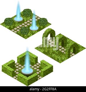 Garden isometric set to create garden landscape scene for game asset or cartoon background. Fountain, flowers, bushes and trees, paved walks. Isolated Stock Vector