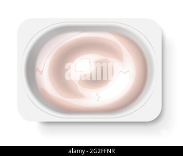 Yogurt packaging box. Packages of fermented milk products. Top view without lid with pink yogurt inside. 3D realistic mockup. For advertising, brandin Stock Vector