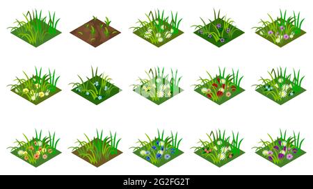 Isometric grass and flowers set. Isolated tiles to design farm or garden landscape. For cartoon or game asset. Vector illustration. Stock Vector