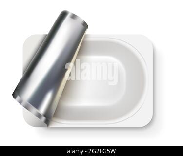 Yogurt packaging box. The packages of fermented milk products are empty. Top view with metal foil ajar. 3D realistic layout. For advertising, branding Stock Vector