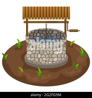 Well for farm scene design. Clip art to  use in cartoon or farm game asset. Village well with water, grass. Vector illustration Stock Vector