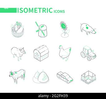 Farming and agriculture - modern isometric icons set on white background. Farm animals, suburban buildings collection. Crop, windmill, sunflower, pig, Stock Vector