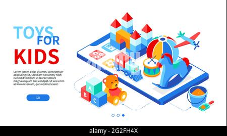 Toys for kids - modern isometric web banner with copy space for text. Activities for children, leisure and hobby concept. Illustration with ball, abc Stock Vector