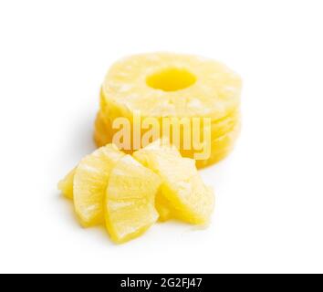 Canned sliced pineapple fruit isolated on white background. Stock Photo