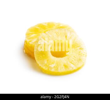 Canned sliced pineapple fruit isolated on white background. Stock Photo