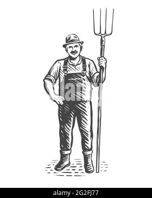 Farmer with pitchfork sketch. Farming, farming concept. Vintage vector illustration Stock Vector