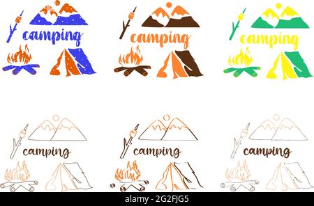 Set of icons with camping attributes drawing in filled and outline style with brush script lettering Stock Vector