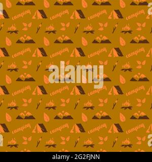 Seamless pattern with autumn summer camping attributes drawing in a flat style Stock Vector