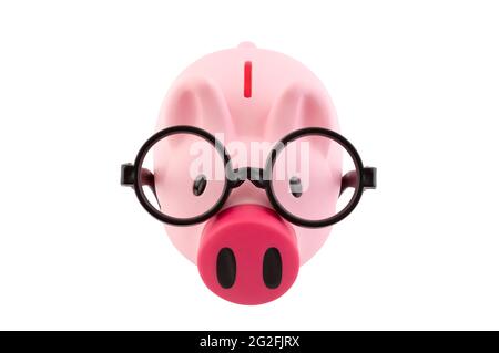 Piggy bank with black glasses isolated on white background with clipping path Stock Photo
