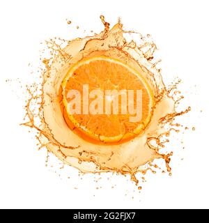 Splashing orange juice with orange fruit, isolated on white Stock Photo