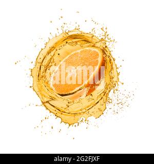 Splashing orange juice with orange fruit, isolated on white Stock Photo