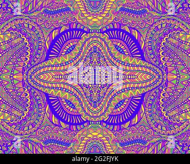 Vibrant colorful fantasy psychedelic floral ornamental mandala, pastel neon colors. Stock Vector