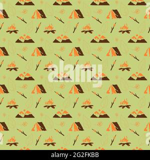Seamless pattern with summer camping attributes on a green background drawing in a flat style Stock Vector