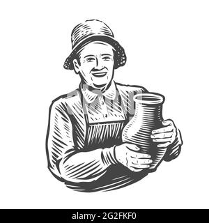 Woman with jug of milk. Dairy farm sketch vintage vector illustration Stock Vector