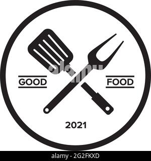 Crossed spatula and fork logo design vector template Stock Vector