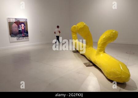 June 11, 2021: 11 June 2021 (malaga) The CAC Malaga has inaugurated this Friday Franz West. In recent decades, a selection of thirty-five works covering various aspects of his extensive artistic career has enabled visitors to learn first-hand about his work. A key figure in the last 50 years of European art. In this exhibition you can see sculptures of different materials: papier-mÃ¢ché, plaster, polyester or aluminum, in addition to various collages and furniture. His work is influenced by European avant-gardes, especially the Viennese Secession and Viennese Actionism of the 1960s and 1970s. Stock Photo