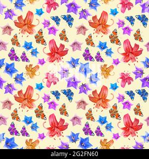 Seamless summer pattern of butterflies and flowers isolated on beige background Stock Photo