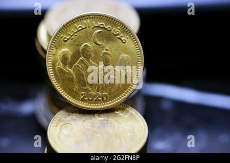 A slogan of Egypt’s Medical Staff 2020 on the obverse of Egyptian 50 piasters coin In appreciation of the Egyptian medical staff efforts in saving liv Stock Photo