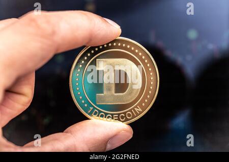 Dogecoin meme coin. Cryptocurrency close up Stock Photo