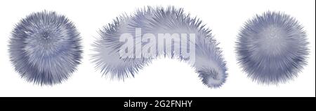 Fur pompoms and balls isolated. Furry realistic shaggy texture. Smoke blue and gray colorful pompons on white background. Vector illustration Stock Vector