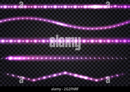LED light garlands with purple neon glow effect, with glitter light  Set of lines, illuminated strips and waves,  isolated tapes on transparent backgr Stock Vector