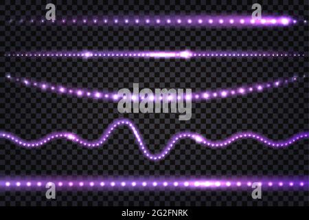 LED light garlands with purple neon glow effect, with glitter light  Set of lines, illuminated strips and waves,  isolated tapes on transparent backgr Stock Vector