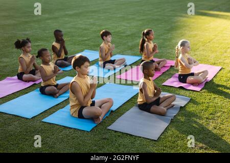 Group of diverse students practicing yoga and meditating sitting on ...