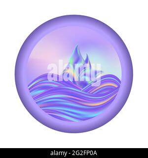 Sea travel emblem, holographic colors, waves and sail. Rainbow pastel  design for logo. Vector illustration Stock Vector