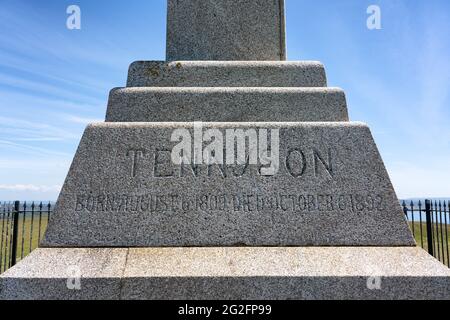 Tennyson Monument - a simple but imposing granite Celtic cross on Tennyson Down high above the south coast of the Isle of Wight UK Stock Photo