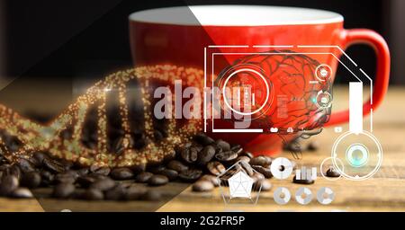 Composition of human brain and medical data processing over desk with coffee beans and cup Stock Photo