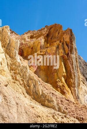 Colourful cliffs at Alum Bay on the Isle of Wight UK consisting of vertical beds of soft Eocene sandstones Stock Photo