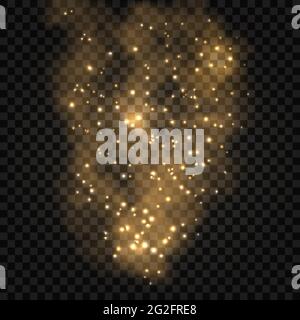 Abstract fractal gold smoke with light glowing effect, shiny particles, star shimmer. Golden foq on dark transparent background. Vector illustration. Stock Vector