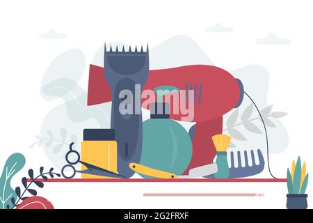 Set of various accessories for hair care. Different tools for styling hair. Equipment for cutting beard. Concept of hairdressing and barber service. B Stock Vector