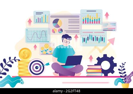 Male character is taking an online business course. Businessman with laptop. Exchange trading, financial literacy. Various graphs and statistics on ba Stock Vector