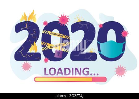 Progress bar with inscription. 2020 year loading. Year of coronavirus and global pandemic.Time flow concept. Numbers with flame and warning yellow tap Stock Vector