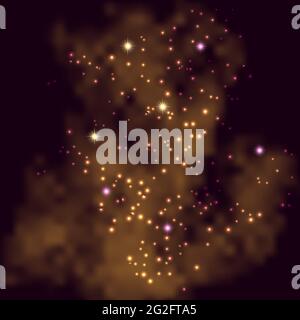 Abstract gold and purple smoke background with glowing stars and sparkles. Galaxy glitter shiny effect, fog, glowing particles and sparkles. Vector il Stock Vector