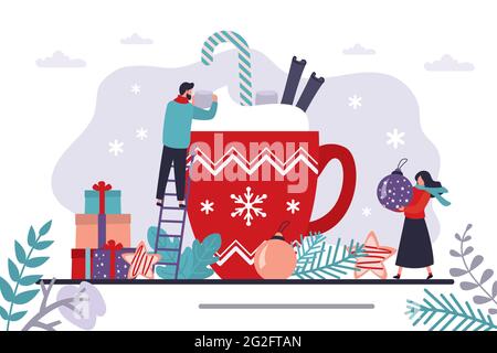 Man puts marshmallows in large mug with cocoa. Female character holding Christmas tree toy. Christmas and new year celebration, gifts. Different prese Stock Vector